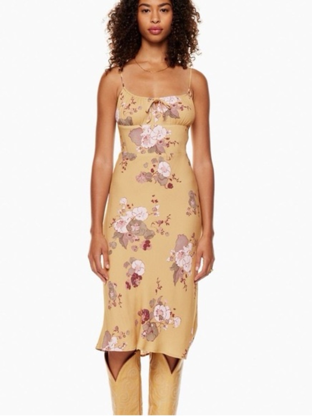 Aritzia Wilfred Bellow Floral Boho Slip Midi Dress in Mustard Sz 10
